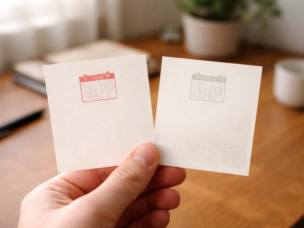 Minimal photo of a hand holding two product review cards, one marked early, one long-term, no readable text.