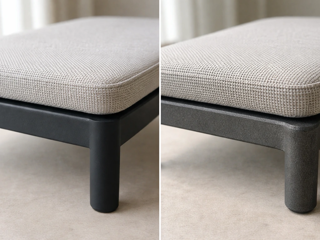 Two side-by-side chair material samples: thin budget steel and cushion vs thicker premium cushions and dense weave.