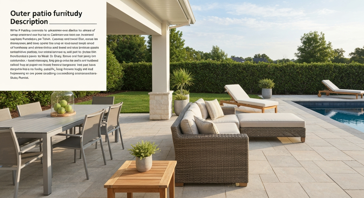 Editorial-style outdoor patio: dining table, lounge sectional with neutral cushions, teak side table, and chaise lounge near a pool, showing materials and textures.